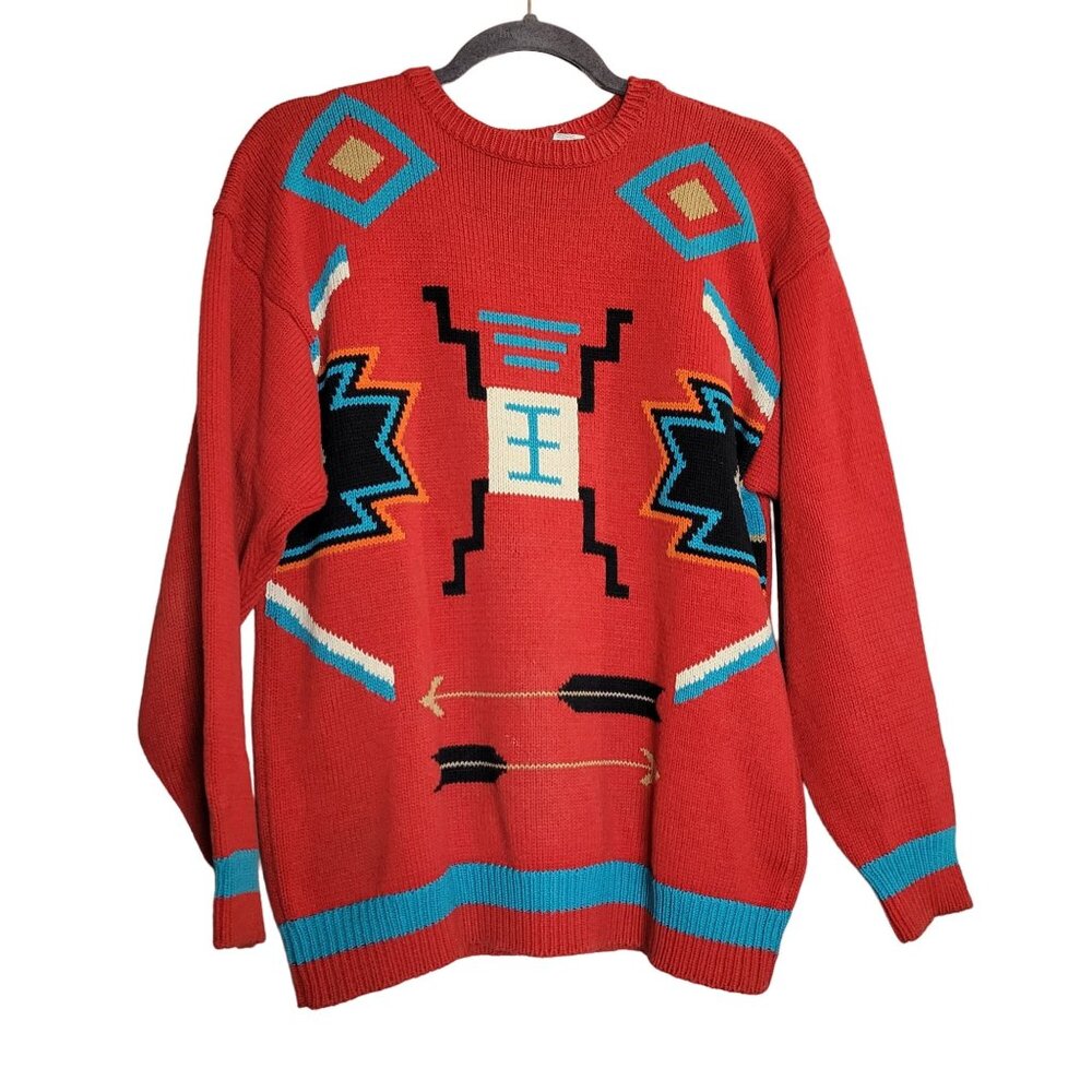 Heirloom Sweater Womens Large Red‎ Aztec Southwestern Knit Crewneck Vintage